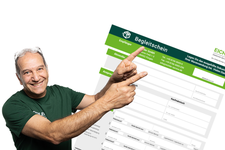 Laughing Eichler technician points to green PDF with special sale of automation technology