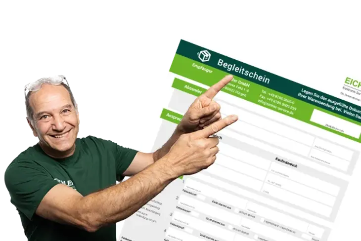 Laughing Eichler technician points to green PDF with special sale of automation technology