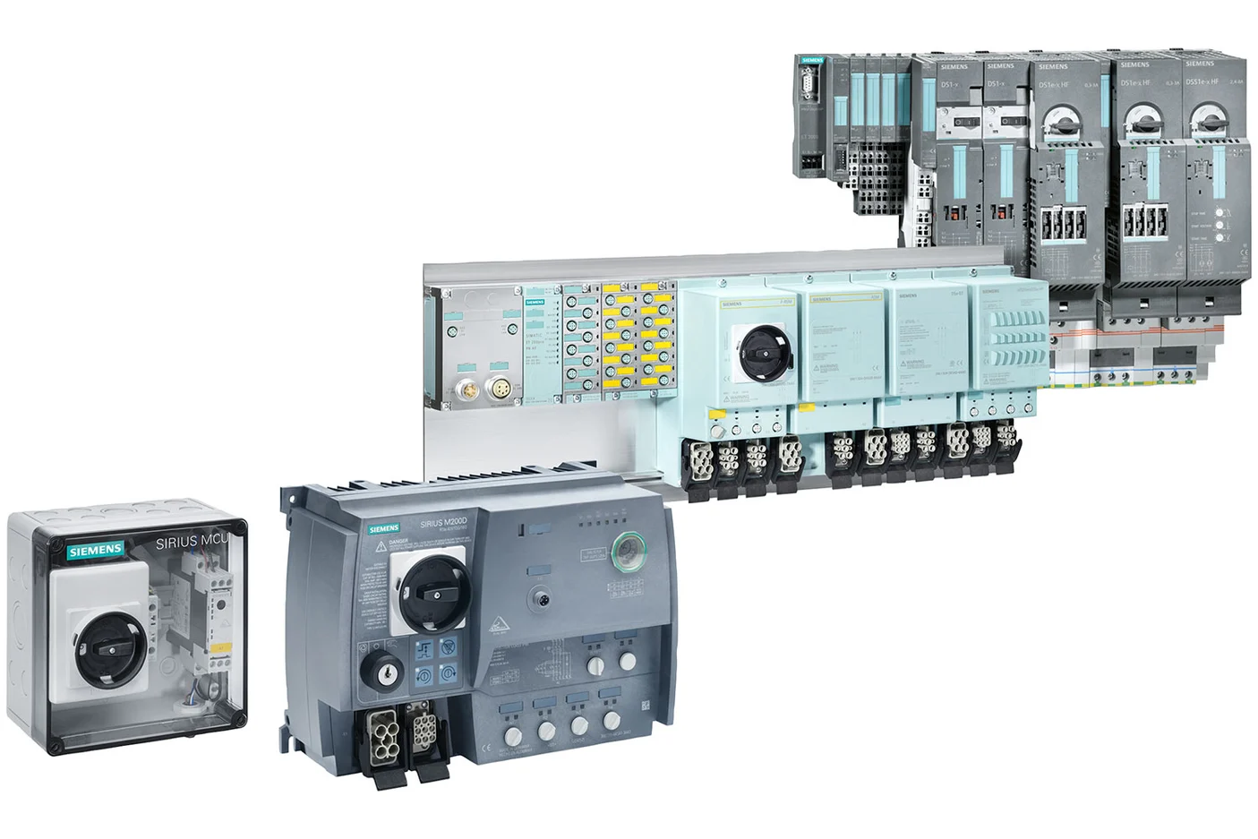 die 4 Komponenten der Siemens SIRIUS MD200D Motorstarterfamilie nebeneinander platziert