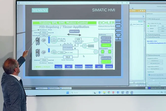Schulungsleiter erklärt an der Leinwand die Funktion eines Siemens Simatic HMI Touch Panels