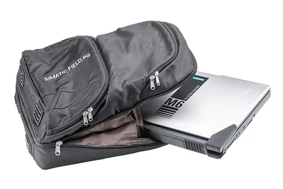 Open backpack with a Siemens Simatic Field PG M6 programming device protruding from it