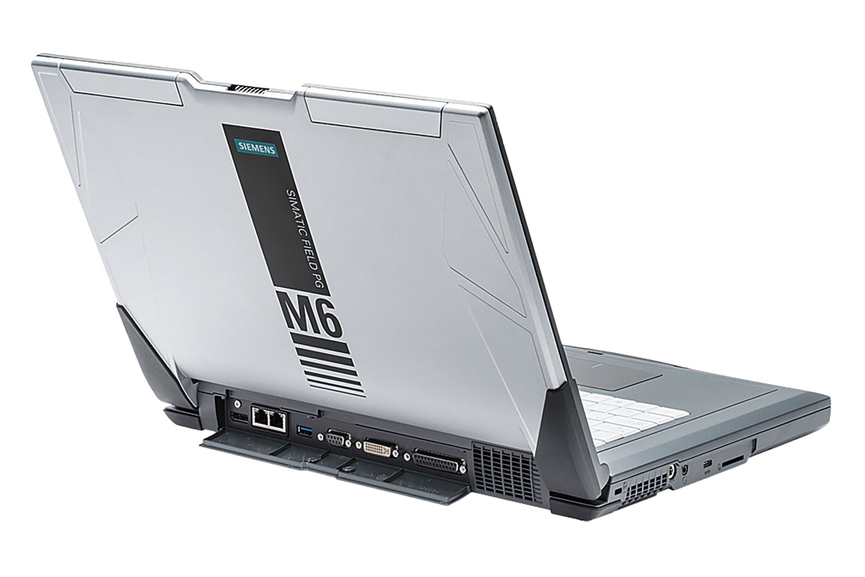 Siemens Industrie Laptop Field PG M6 aufgeklappt mit der Rückseite nach vorn dargestellt