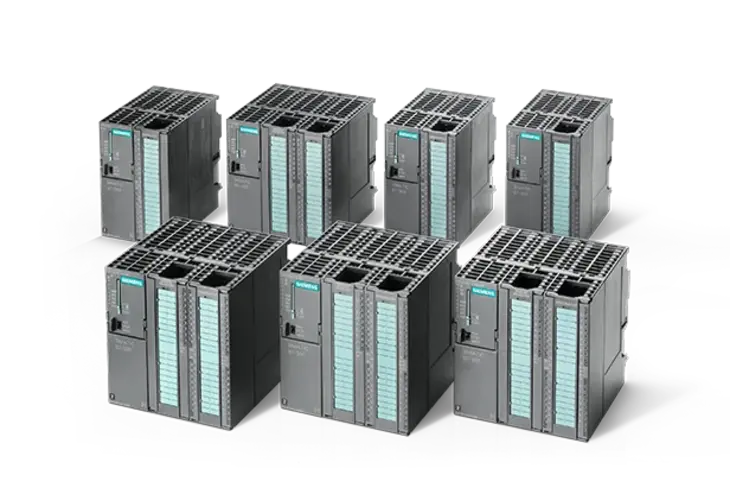 Seven Siemens Simatic S7-300 modules and compact CPUs are arranged in two rows next to each other.