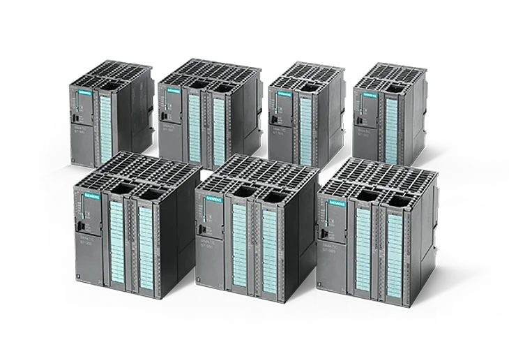 Seven Siemens Simatic S7-300 modules and compact CPUs are arranged in two rows next to each other.