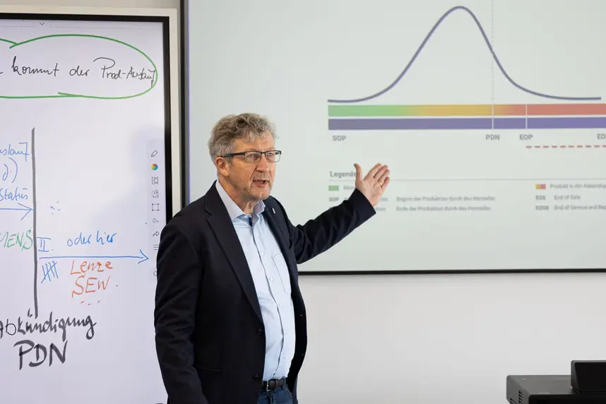 Seminarleiter von Eichler deutet auf eine Grafik des Produktlebenszyklus von Automatisierungstechnik