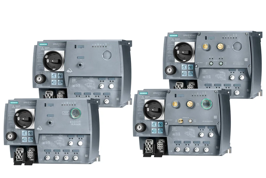 4 freigestellte Siemens SIRIUS M200D Motorstarter nebeneinander