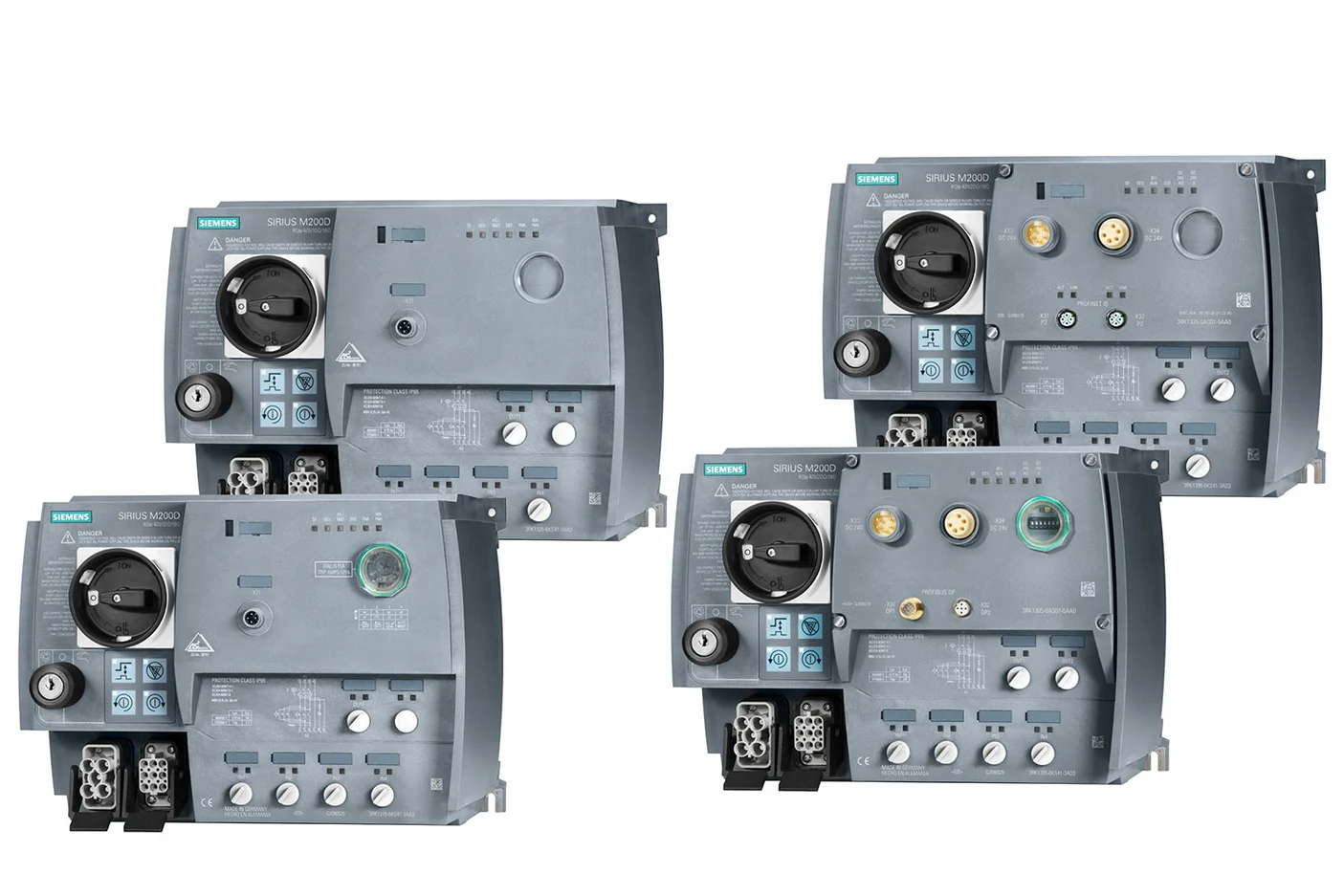 4 freigestellte Siemens SIRIUS M200D Motorstarter nebeneinander