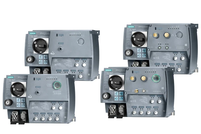 4 freigestellte Siemens SIRIUS M200D Motorstarter nebeneinander